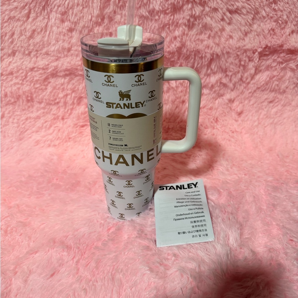 Stanley White Travel Tumbler with Gold Logo Accents